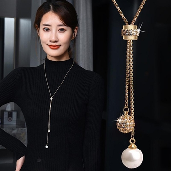 Dugi lanac za pulover, japansko-korejski stil, viseći privjesak s perlom (Materijal: legura; Lanac: zmijskog kostiju; Duljina: iznad 81 cm; Obrada: dijamant)