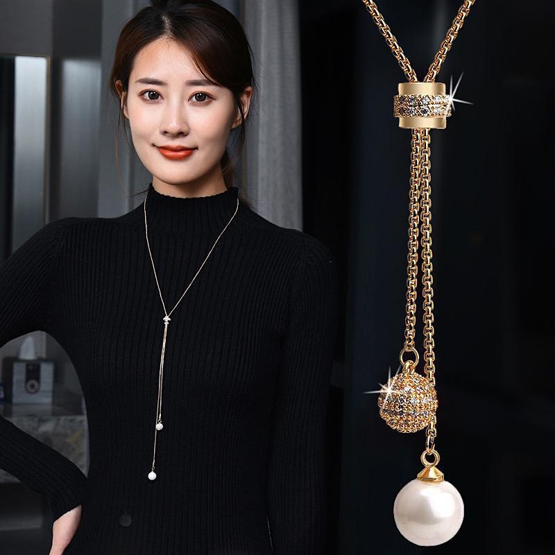 Dugi lanac za pulover, japansko-korejski stil, viseći privjesak s perlom (Materijal: legura; Lanac: zmijskog kostiju; Duljina: iznad 81 cm; Obrada: dijamant)