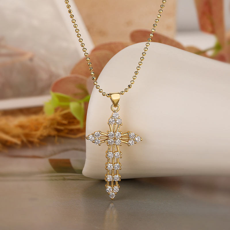 Ženski bakreni privjesak s križem, geometrijski dizajn, cirkon ugradnja, jednostavan retro stil, jesen 2023