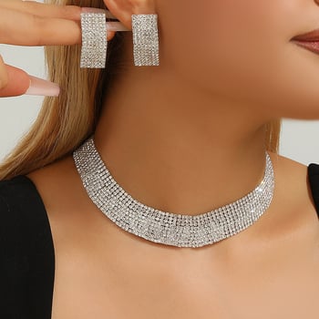 Set od dva dijela: ogrlica i naušnice, srebreni premaz, rhinestone privjesak, geometrijski oblik, opseg 41–50 cm, etno retro stil