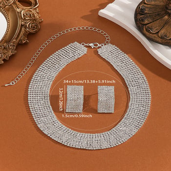 Set od dva dijela: ogrlica i naušnice, srebreni premaz, rhinestone privjesak, geometrijski oblik, opseg 41–50 cm, etno retro stil