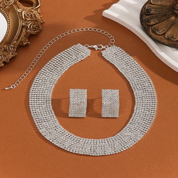 Set od dva dijela: ogrlica i naušnice, srebreni premaz, rhinestone privjesak, geometrijski oblik, opseg 41–50 cm, etno retro stil