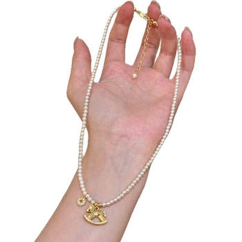 Ogrlica s privjeskom novčića u obliku ponija i perlacnom niti, bakar premazan 18k zlatom, Shijia biseri, unisex, Xiaoxiangfeng stil