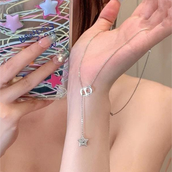 Colier din oțel titan cu ciucuri în formă de stea, pentru femei, multistrat, lanț obișnuit, lungime 41–50 cm