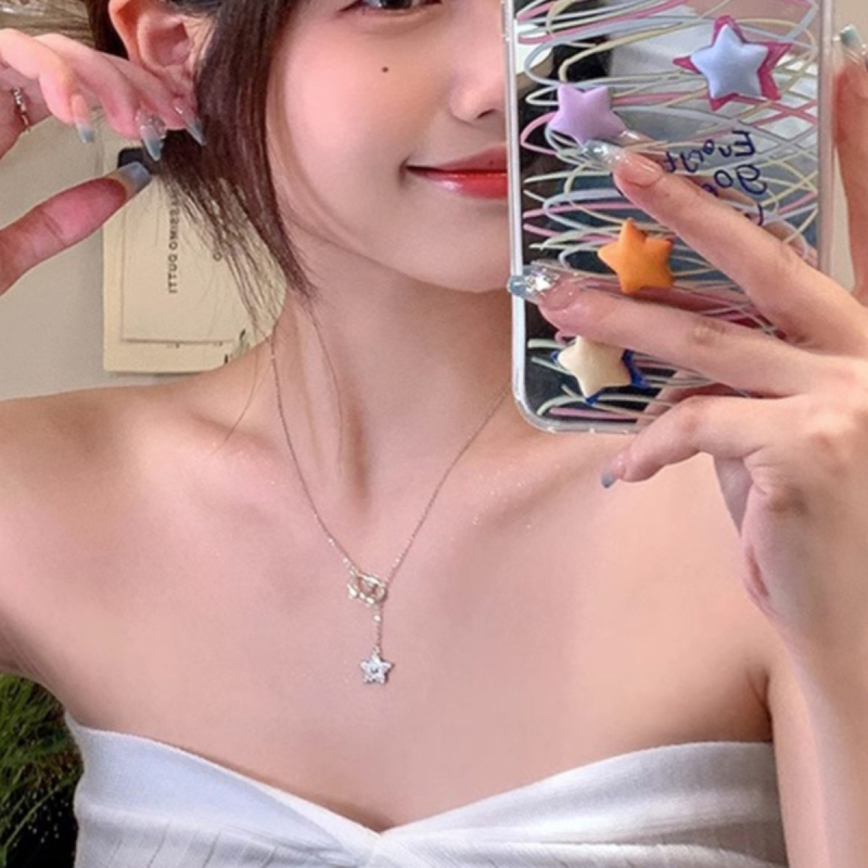 Colier din oțel titan cu ciucuri în formă de stea, pentru femei, multistrat, lanț obișnuit, lungime 41–50 cm