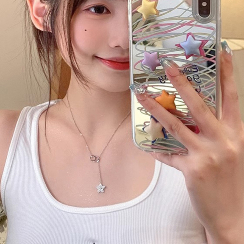 Colier din oțel titan cu ciucuri în formă de stea, pentru femei, multistrat, lanț obișnuit, lungime 41–50 cm