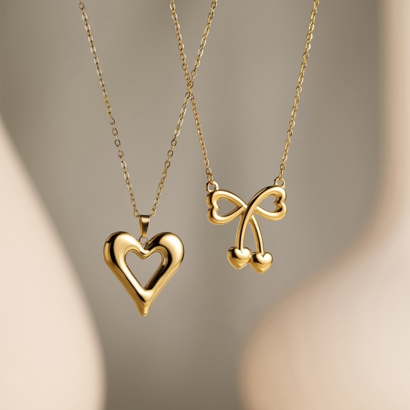 Colier din oțel inoxidabil cu pandantiv tridimensional inimă-fundă-cireș pe lanț în formă de O, electroplacare