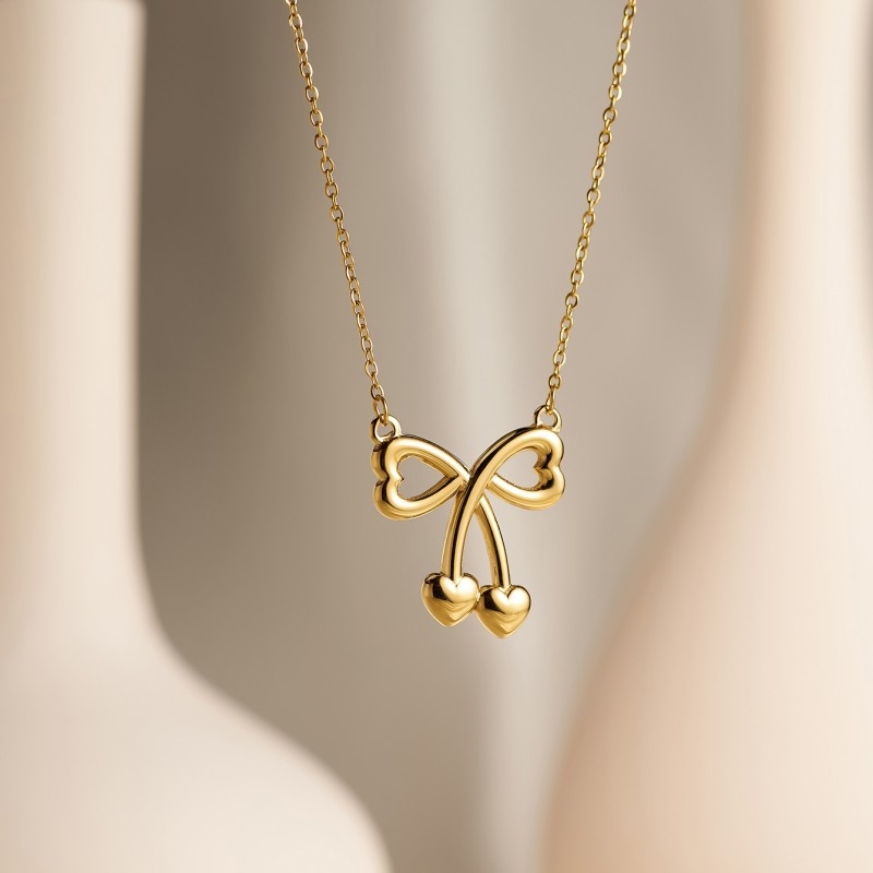 Colier din oțel inoxidabil cu pandantiv tridimensional inimă-fundă-cireș pe lanț în formă de O, electroplacare