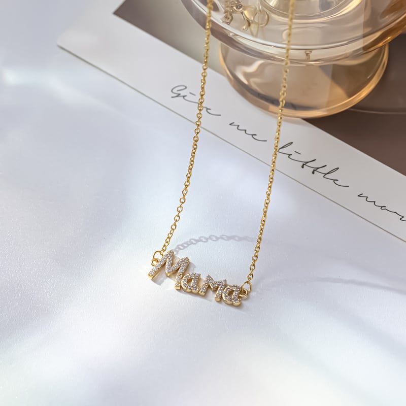Ogrlica Mama s retro stilom – titan čelični lanac, Rhinestone privjesak, O- lanac, natpis