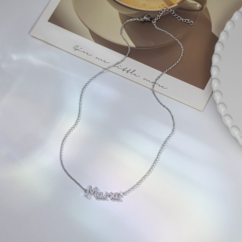 Ogrlica Mama s retro stilom – titan čelični lanac, Rhinestone privjesak, O- lanac, natpis