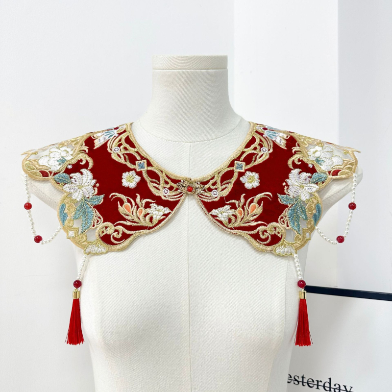 Floare pentru guler feminin cu funda și mărgele de perlă, tip cap plat, stil chinezesc nou, broderie computerizată