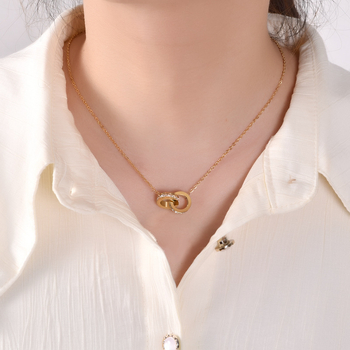 Pandantiv din oțel inoxidabil, inel dublu — stil minimalist, cu zirconiu încrustat, lanț încrucișat