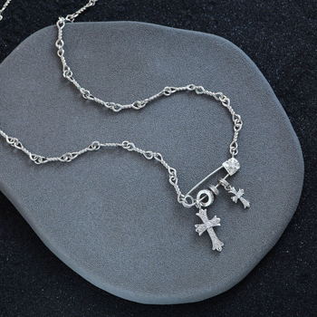 Colier cu două cruci, din cupru, lanț șarpe, placare electrolitică