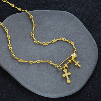 Colier cu două cruci, din cupru, lanț șarpe, placare electrolitică