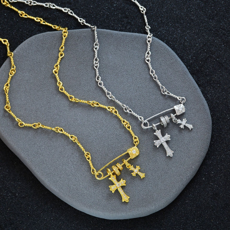 Colier cu două cruci, din cupru, lanț șarpe, placare electrolitică