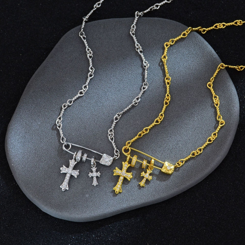 Colier cu două cruci, din cupru, lanț șarpe, placare electrolitică