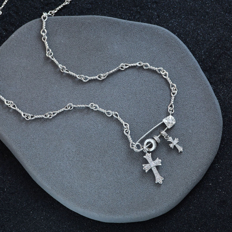 Colier cu două cruci, din cupru, lanț șarpe, placare electrolitică