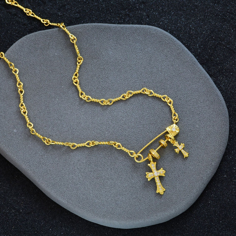 Colier cu două cruci, din cupru, lanț șarpe, placare electrolitică
