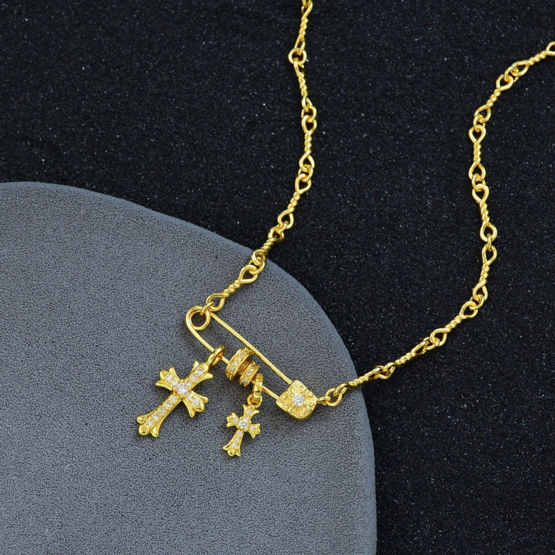 Colier cu două cruci, din cupru, lanț șarpe, placare electrolitică