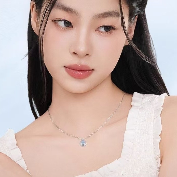 Colier din argint S925, cu zirconiu încrustat, pandantiv oval în formă de lacrimă, pe lanț pentru claviculă XL0015