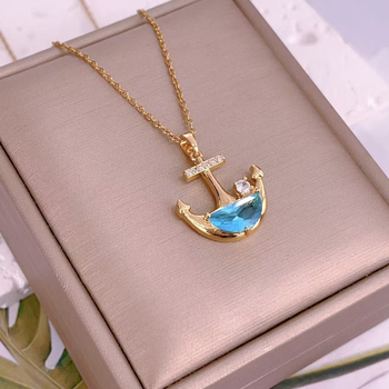 Colier pentru cuplu cu ancoră și cristale, lanț în formă de O, multistrat, pandantiv din cupru cu zirconiu