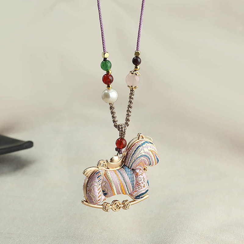 Colier cu mărgele în formă de cal, șnur împletit, pandantiv din aliaj, stil chinezesc retro (lansare iarnă 2025)
