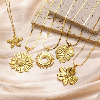 Colier cu pandantiv floare-frunză, din oțel inoxidabil, lanț tip blade, placare electroplatină