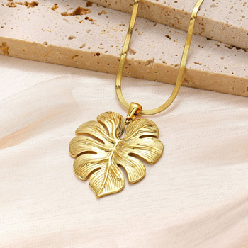 Colier cu pandantiv floare-frunză, din oțel inoxidabil, lanț tip blade, placare electroplatină