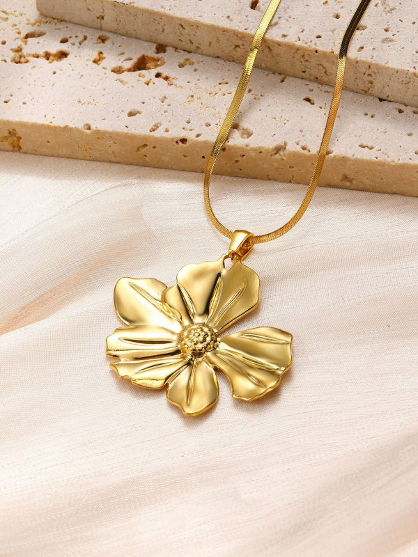 Colier cu pandantiv floare-frunză, din oțel inoxidabil, lanț tip blade, placare electroplatină