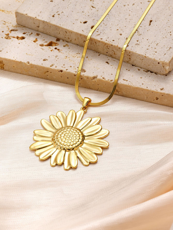 Colier cu pandantiv floare-frunză, din oțel inoxidabil, lanț tip blade, placare electroplatină