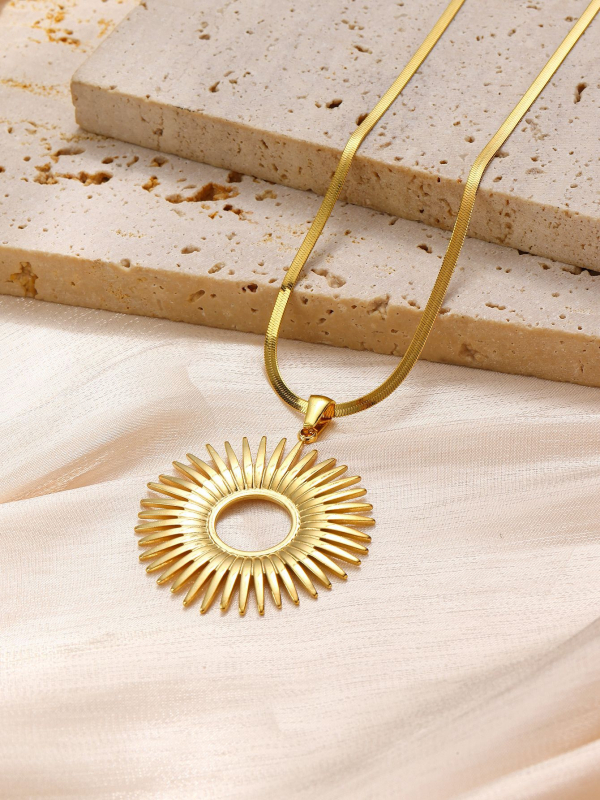 Colier cu pandantiv floare-frunză, din oțel inoxidabil, lanț tip blade, placare electroplatină