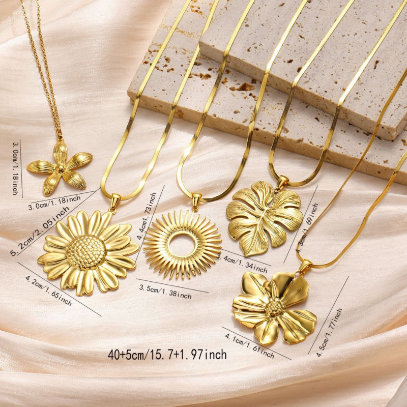 Colier cu pandantiv floare-frunză, din oțel inoxidabil, lanț tip blade, placare electroplatină