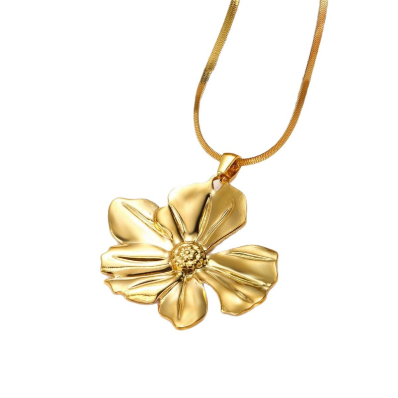 Colier cu pandantiv floare-frunză, din oțel inoxidabil, lanț tip blade, placare electroplatină