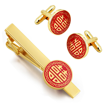 Σετ κλιπ γραβάτας και μανικετόκουμπων με μοτίβο διπλής χαράς, λέιζερ λογότυπο; χαλκός, σχέδιο χρωματικού μπλοκ, γεωμετρικός στυλ, φινίρισμα ηλεκτροπλατίωσης