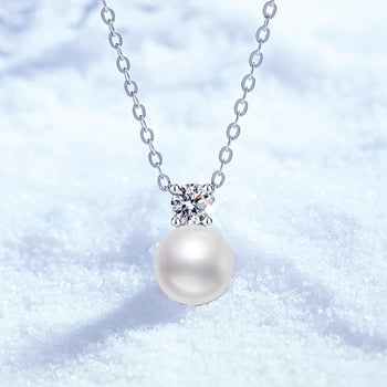 Geometrijska ogrlica od Moissanita i bisera u srebru 925 — lanac ključne kosti