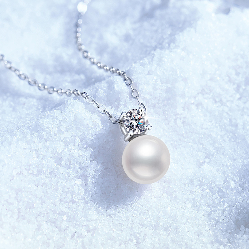 Geometrijska ogrlica od Moissanita i bisera u srebru 925 — lanac ključne kosti