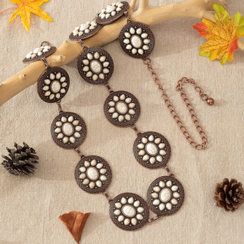 Lanț de talie, lucrat manual, stil boem etnic, cu încrustări turcoaz într-un aliaj metalic, lățime 4 cm