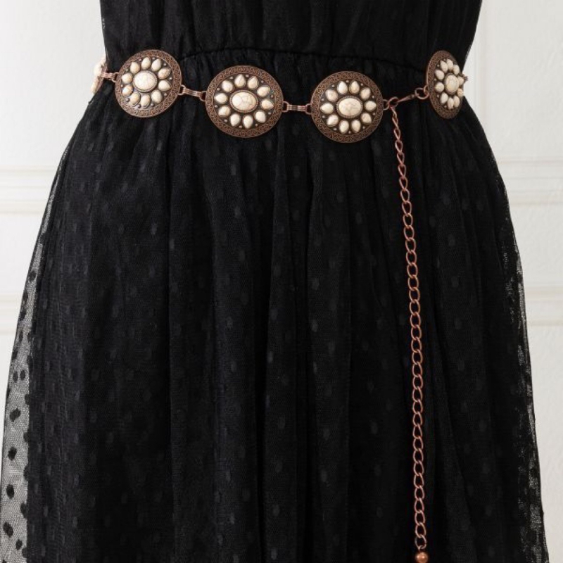 Lanț de talie, lucrat manual, stil boem etnic, cu încrustări turcoaz într-un aliaj metalic, lățime 4 cm