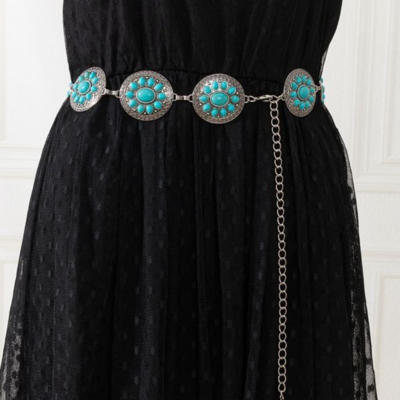 Lanț de talie, lucrat manual, stil boem etnic, cu încrustări turcoaz într-un aliaj metalic, lățime 4 cm