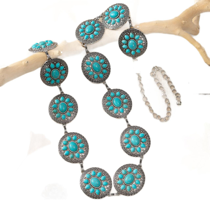 Lanț de talie, lucrat manual, stil boem etnic, cu încrustări turcoaz într-un aliaj metalic, lățime 4 cm