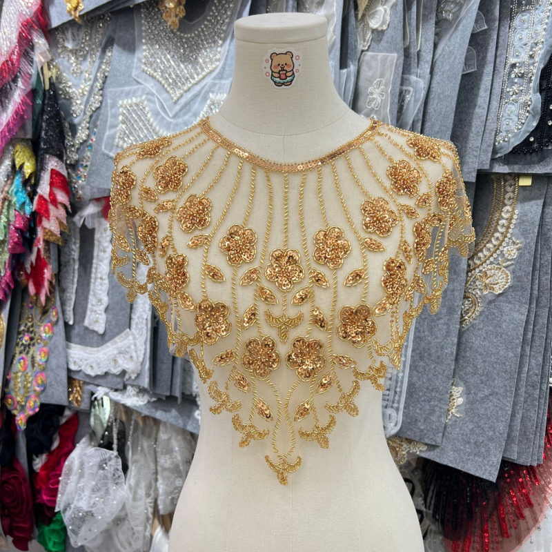 Guler cu floare, unisex, bază din plasă, broderie cu mărgele și paiete, stil retro