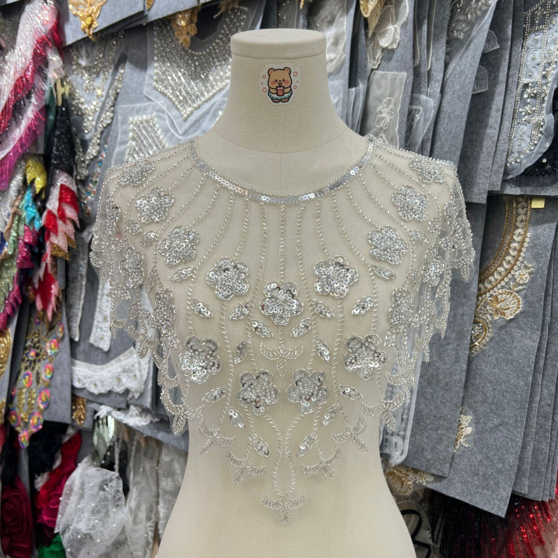 Guler cu floare, unisex, bază din plasă, broderie cu mărgele și paiete, stil retro