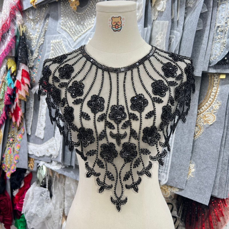 Guler cu floare, unisex, bază din plasă, broderie cu mărgele și paiete, stil retro