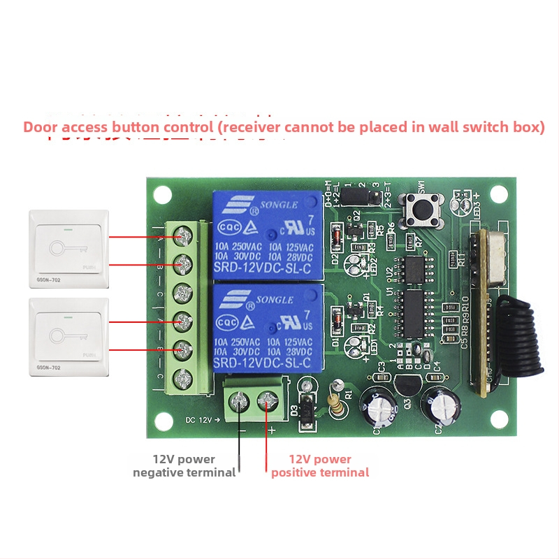 2-kanálny bezdrôtový spínač s diaľkovým ovládaním pre 12V DC systémy: motor dopredu/dozadu, solenoidový ventil, osvetlenie a ovládanie brány