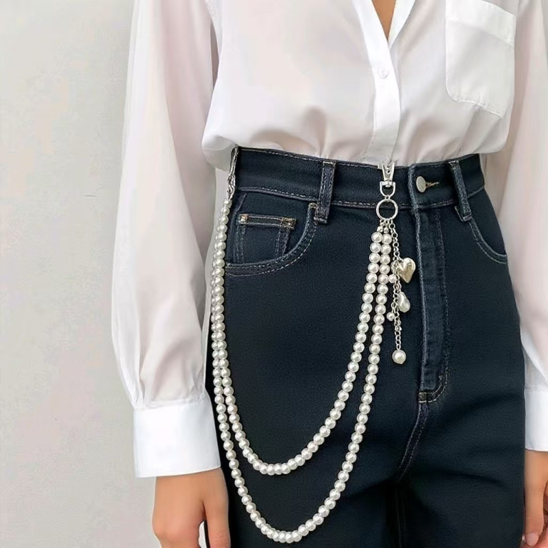 Metalni pojasni lanac s bisernim srcem – unisex, svestran stil, duljina ispod 60 cm, veličina 115 cm