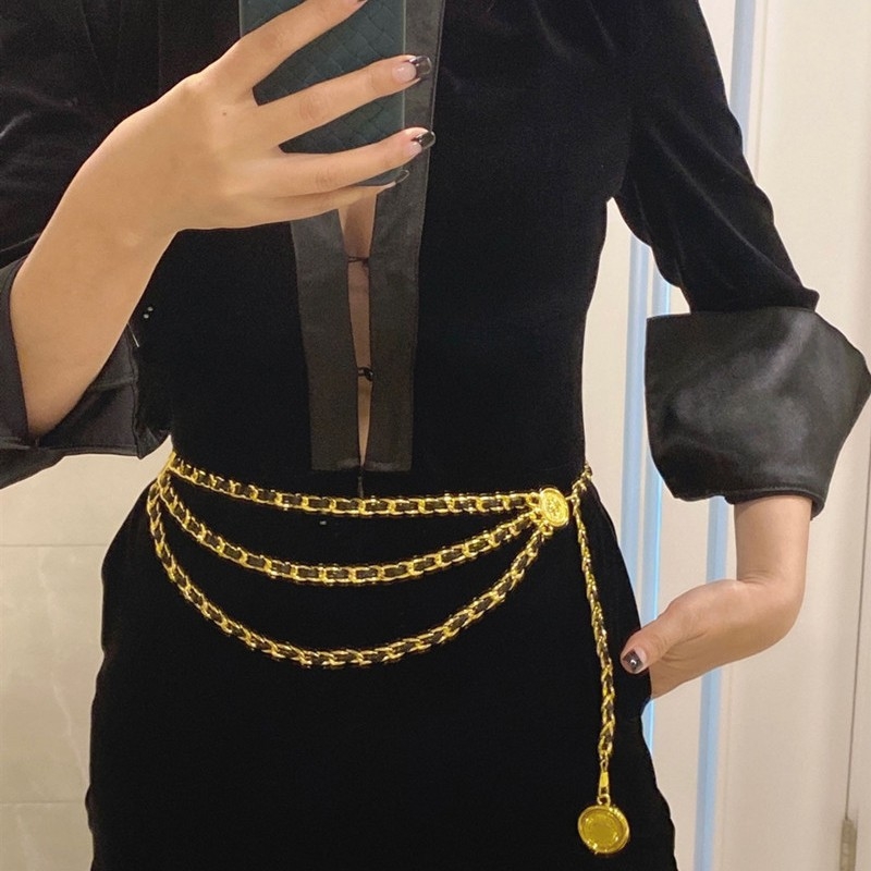 Lant talie cu pandantiv rotund, metal, trei straturi, reglabil, accesorii pentru femei