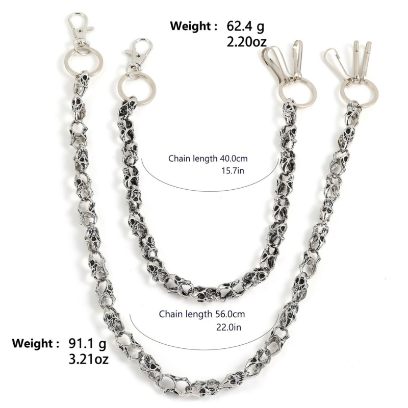 Metalni pojasni lanac s motivima lubanje – unisex, odrasli, svestran stil, širina 3 cm
