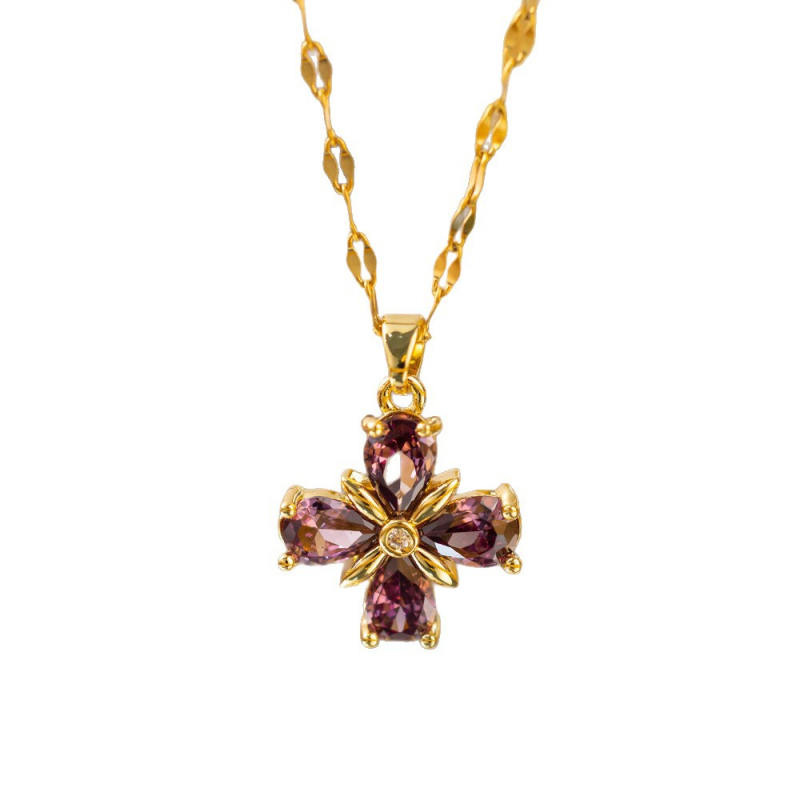 Lančić od titan čelika s bakrenim privjeskom četverolistom djetelinom i cirkonima, spiralni lanac, duljina 31–40 cm, za žene