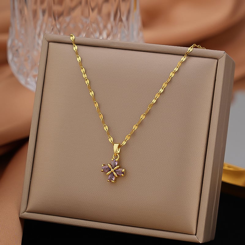 Lančić od titan čelika s bakrenim privjeskom četverolistom djetelinom i cirkonima, spiralni lanac, duljina 31–40 cm, za žene