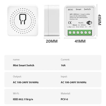 Умен превключвател с таймер за Wi‑Fi и Zigbee, 1/2 канала, дистанционно управление чрез смартфон, напрежение 110–240 V, ток 16 A, живот 50 000 цикъла, разстояние между монтажните отвори 20 mm